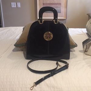 Black patent leather purse with crossbody strap